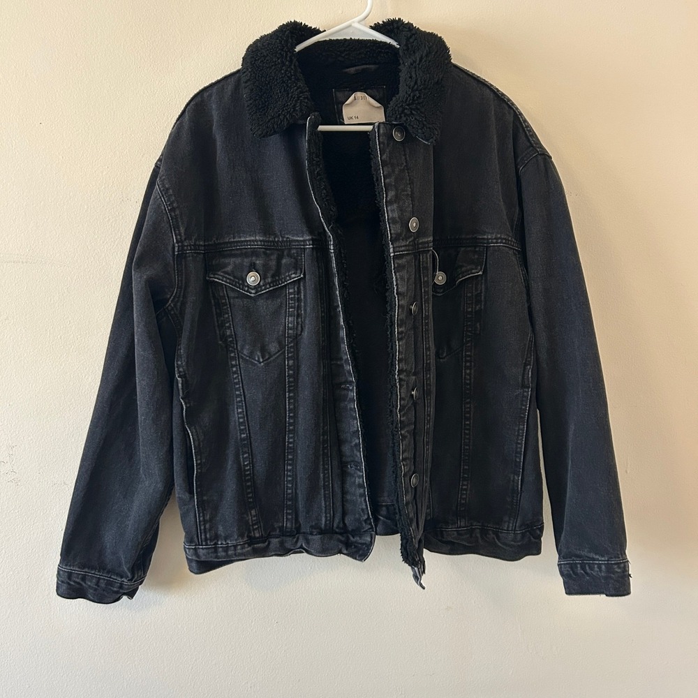 ASOS DENIM Black Washed Sherpa Lined Trucker Jacket‎ US 10 - Picture 14 of 14